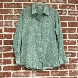 Women’s Soft Surroundings Green White Mandala Medallion Print Button Shirt Small